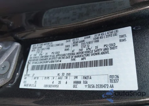 2015 Ford Escape Se z USA, uszkodzony, nr VIN 1FMCU9GX8FUB61914